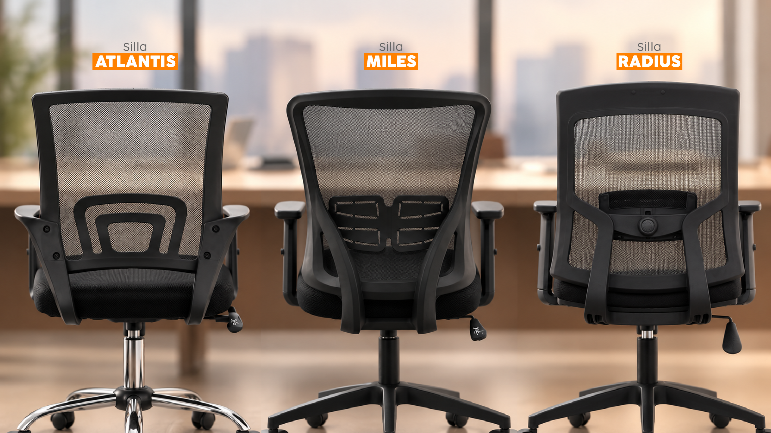Comparación de las sillas Atlantis, Miles y Radius, mostrando las diferencias de los sistemas de soporte lumbar.